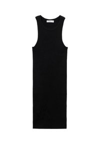 Robe tank en ribbed noire avec une silhouette droite, sans manches et un col basique. Confectionnée dans un tissu extensible pour un look ajusté.