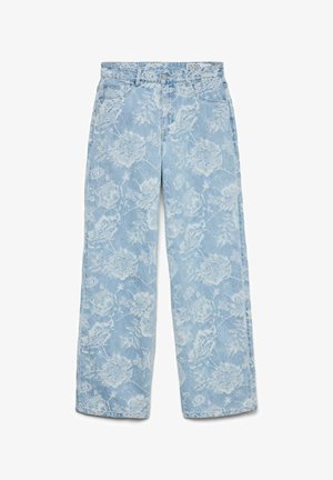 Jeans denim largi de culoare albastru deschis, cu imprimeu floral alb, buzunare frontale, bucle pentru curea și închidere cu nasture și fermoar.