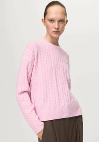 Maglione rosa a maglia rasata con scollo rotondo e fondo a costine. Texture morbida, maniche lunghe, motivo lavorato a maglia dettagliato, abbinato a pantaloni marroni.
