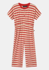 Jumpsuit de manga corta a rayas en crema con rayas horizontales rojas, que presenta un cierre de botones en el frente, cintura elástica y diseño de pierna ancha.