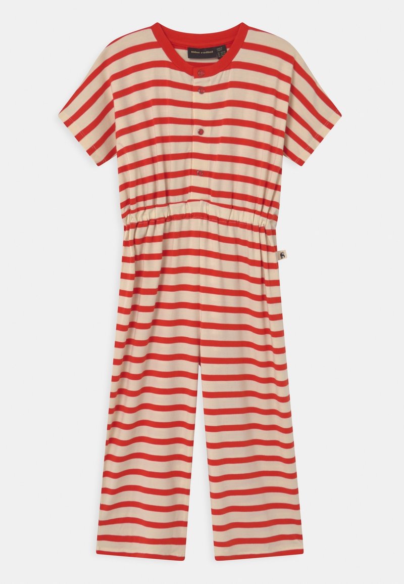 Jumpsuit de manga corta a rayas en crema con rayas horizontales rojas, que presenta un cierre de botones en el frente, cintura elástica y diseño de pierna ancha.