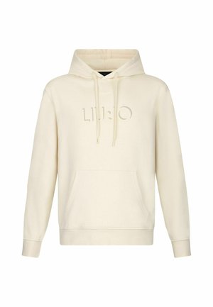 Haut à capuche crème avec une poche avant, un cordon de serrage et un logo en relief. Fabriqué en tissu doux avec des poignets et un ourlet côtelés.