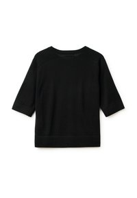 Czarny krótki sweter z dzianiny z okrągłym dekoltem oraz ściągaczami przy rękawach i u dołu, pokazany z tyłu na białym tle.