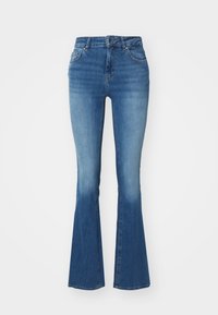 High-waisted flared jeans in light blue denim, featuring a smooth texture, a zip fly with a button, and two front pockets.