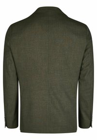 Blazer vert olive en tissu texturé, avec une fente simple à l'arrière et des revers crantés. Présente des poignets à boutons pour les détails.