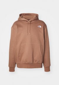 Sudadera marrón hecha de una mezcla de algodón, con un bolsillo frontal, capucha ajustable con cordón y un pequeño logo blanco en el pecho.