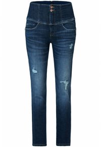 Pantalones vaqueros de denim azul oscuro con cintura alta, dos bolsillos frontales, ligero desgaste en las piernas y cierre de cremallera y botón.