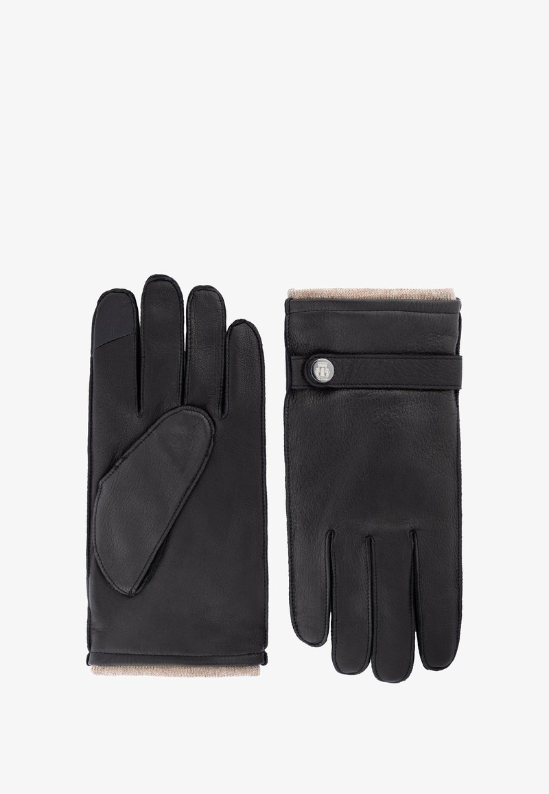 Schwarze Lederhandschuhe mit einem weichen, beigen Strickbündchen. Merkmale sind ein elegantes Design, Stickdetails und ein Druckknopfverschluss am Handgelenkriemen.