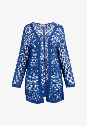 Zils, vaļējs adījums ar V-veida kakla izgriezumu, trīs ceturtdaļu piedurknēm un mežģīņu līdzīgu rakstu; viegls un teksturēts audums.