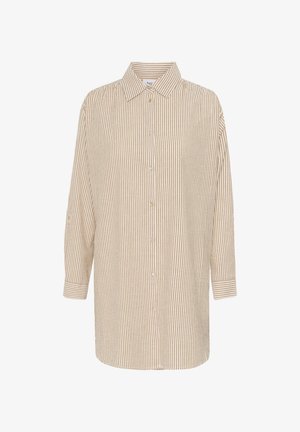 Kremna dolga rokavna majica z navpičnimi svetlo rjavimi črtami, z gumbi spredaj in klasičnim ovratnikom. Mehka tkanina z udobnim krojem.