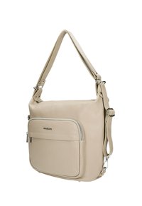 Beige leren schoudertas met een textuurafwerking, een ritsvak aan de voorkant, een verstelbare schouderband en accenten in zilver metaal.