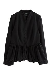 Sort jakke med en tætsiddende top og peplum-for, der har et glat stof, lange ærmer og seks runde knapper ned langs fronten.