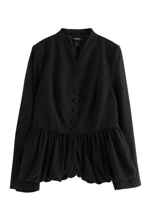 Svart jacka med en figurnära överdel och peplumkant, som har ett slätt tyg, långa ärmar och sex runda knappar framtill.