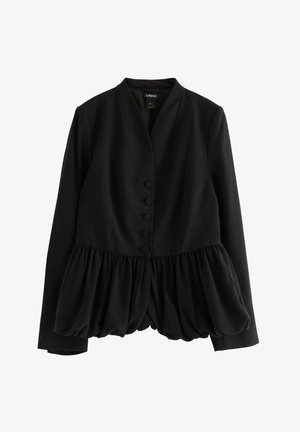 Giacca nera con top aderente e orlo a peplum, caratterizzata da un tessuto morbido, maniche lunghe e sei bottoni circolari sul davanti.