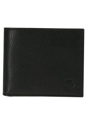 Zwarte leren portemonnee met een gestructureerd oppervlak, een bi-vouw ontwerp en een klein reliëflogo in de rechterbenedenhoek.
