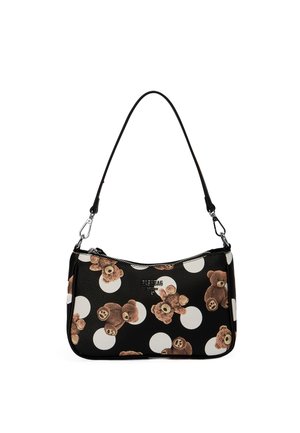 Borsa a tracolla nera con pois bianchi e molteplici stampe marroni di orsacchiotti, con una tracolla nera singola e chiusura superiore con cerniera.