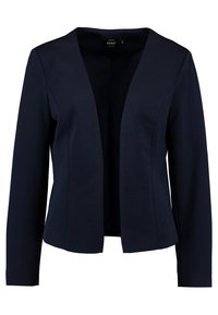 Navy blue fitted blazer made from textured fabric, featuring a shawl collar and open front design. Long sleeves with no closures.