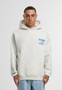 Sudadera gris hecha de tejido suave que presenta un bolsillo frontal, una capucha grande y texto de logo azul en el pecho y la manga. Corte casual.