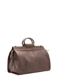 Borsa in pelle marrone con forma strutturata, manici doppi e zip superiore. Le cuciture visibili e la texture liscia arricchiscono il design.