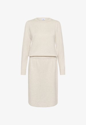 Robe longue à manches longues de couleur crème, fabriquée en tissu doux. Présente une coupe décontractée, une taille élastique et des poignets côtelés. Design minimaliste sans motifs.