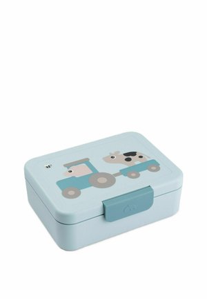 Niebieski prostokątny lunchbox z zatrzaskiem, z rysunkową świnką prowadzącą traktor ciągnący przyczepę z krową.