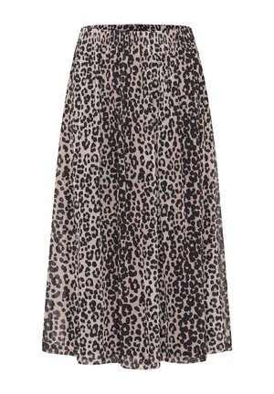 Dlhá sukňa s leopardo vzorom a elastickým pásom, vyrobená z ľahkého materiálu. Má splývavý strih a jemný lesk.