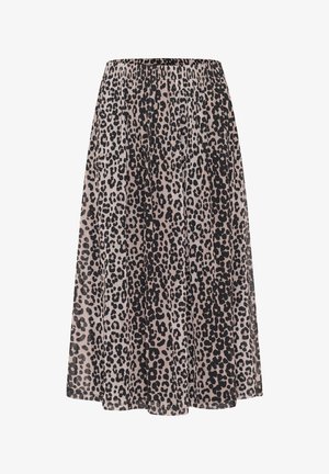 Midi krilo s leopardjim vzorcem in elastičnim pasom, narejeno iz lahkega materiala. Ima tekočo silhueto in subtilen lesk.