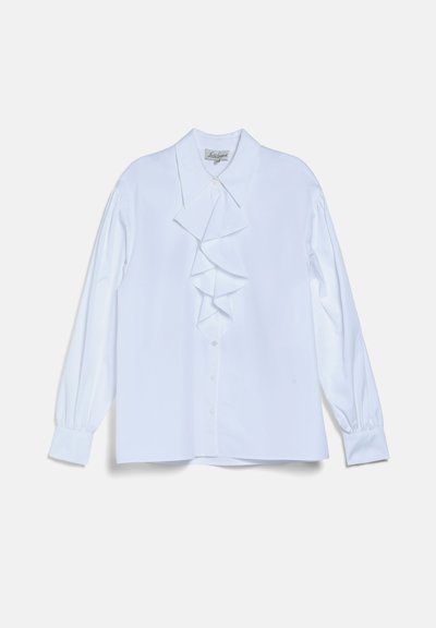 Blouse blanche à manches longues avec détail froncé à l'avant, fermeture par boutons, col pointu et poignets, posée à plat sur un fond clair.