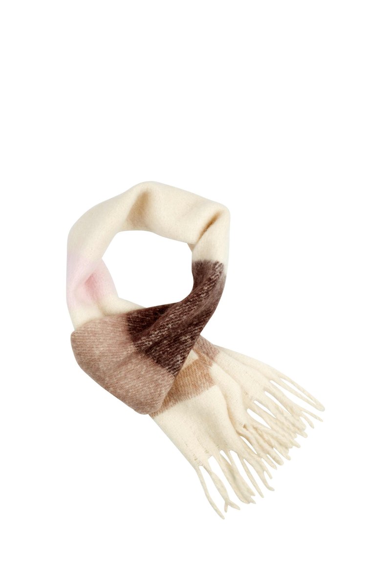 Écharpe en laine de couleur crème avec des accents marron et rose pâle. Présente un motif de dégradé subtil et des bords frangés pour plus de texture.
