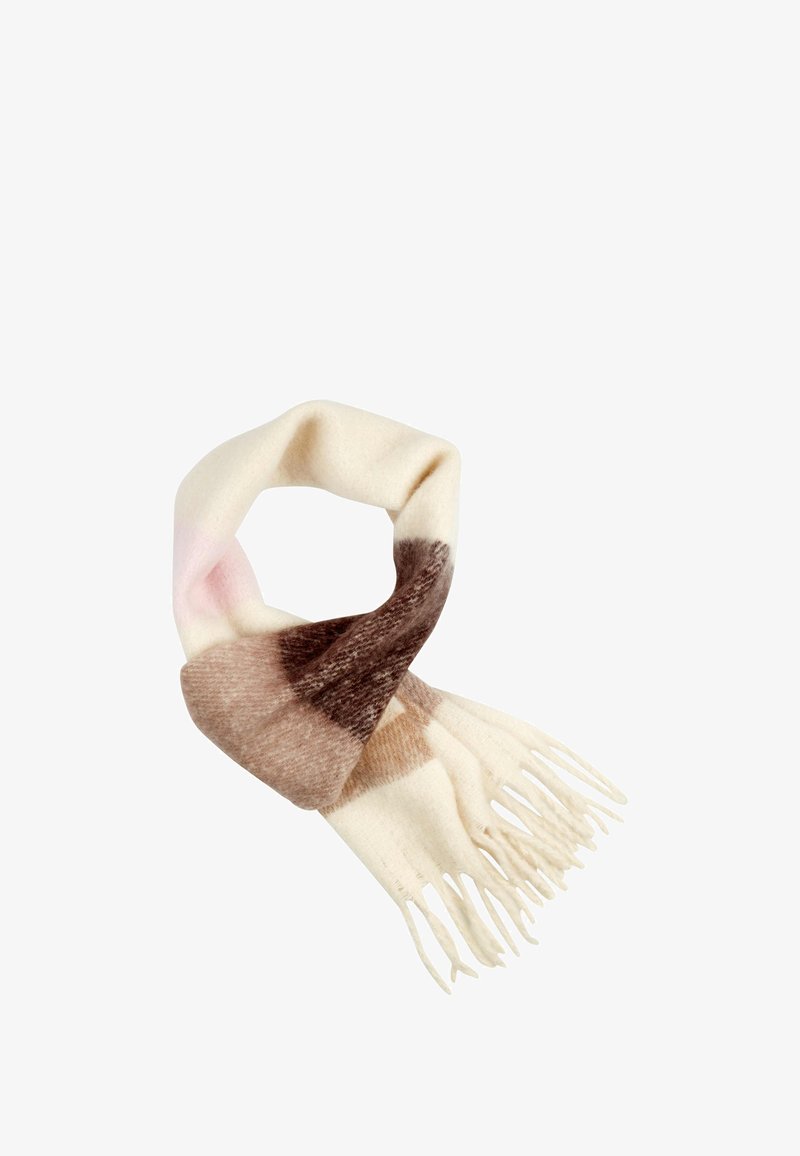 Wollschal in Creme mit braunen und sanft rosa Akzenten. Verfügt über ein dezentes Farbverlaufsmuster und fransige Kanten für zusätzliche Textur.
