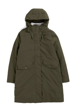 Giacca parka verde oliva con cappuccio, bottoni a pressione, due tasche frontali e una morbida fodera interna. Presenta una vestibilità ampia e una superficie liscia.