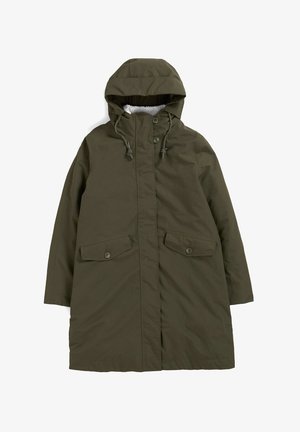 Olijfgroene parka-jas met een capuchon, drukknoopsluiting, twee voorzakken en een zachte binnenvoering. De jas heeft een losse pasvorm en een gladde textuur.