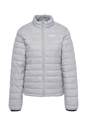 Veste matelassée gris clair avec matelassage horizontal, fermeture éclair complète à l'avant, col montant et logo « hummel SPORTWEAR » sur la poitrine gauche.
