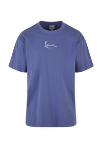 Blue cotton t-shirt with a round neck, short sleeves, and white script logo on the front. Smooth texture, casual design.