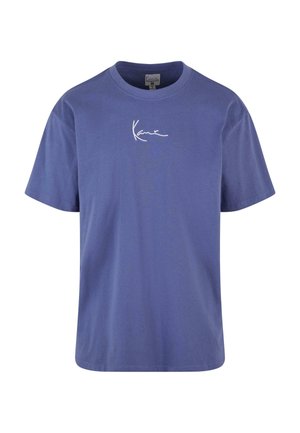 T-shirt in cotone blu con colletto rotondo, maniche corte e logo bianco in scrittura sul davanti. Texture liscia, design casual.