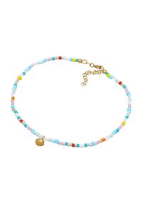 Farverig perlekæde med små runde og cylindriske perler i pastelfarver, samt en guldshell-charm og en guldkrog.