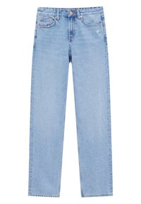 Jeans de pierna recta en azul claro, fabricados en denim, con cierre de botón, diseño de cinco bolsillos y un ligero desgastado para aportar textura.