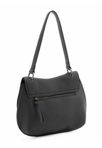 Borsa a spalla nera in pelle strutturata, dotata di pattina superiore e tasca frontale con zip, con una lunga tracolla regolabile.