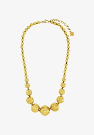 Halskette in Goldfarbe mit einer Reihe runder Perlen in verschiedenen Größen, ausgestattet mit einem Karabinerverschluss und einer verstellbaren Kette zur Längenanpassung.
