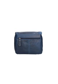 Borsa in pelle blu navy con forma arrotondata, chiusura con zip e cuciture blu a contrasto. Presenta una tasca frontale con zip e una texture liscia.