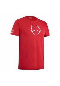 Rød bomulds t-shirt med et hvidt ulv logo på fronten, rund crew neckline og korte ærmer. Enkel, uden mønster.
