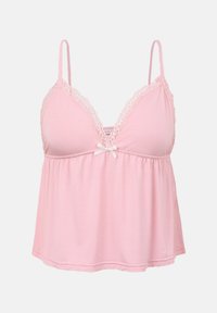 Απαλό ροζ κορμάκι με δαντέλα στο λαιμόκομμα και λεπτές ρυθμιζόμενες τιράντες, με ένα μικρό λευκό φιόγκο στο κέντρο.