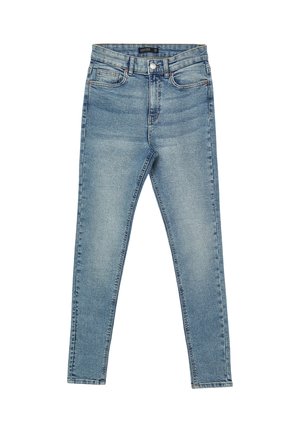 Schmale blaue Jeans aus Denim mit hoher Taille, Fünf-Taschen-Design und subtilen Verwaschungen entlang der Beine.