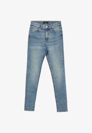 Jeans skinny blu in denim, con vita alta, design a cinque tasche e lievi sfumature lungo le gambe.