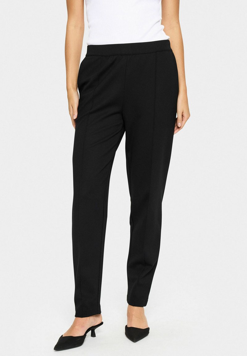 Black tailored trousers with a smooth texture, featuring a flat waistband, side pockets, and a tapered leg design.