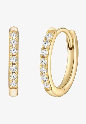 Goldene Creolenohrringe mit einer Reihe von sechs runden Zirkonia-Steinen, die in einem eleganten Design mit einer glatten, polierten Oberfläche eingesetzt sind.