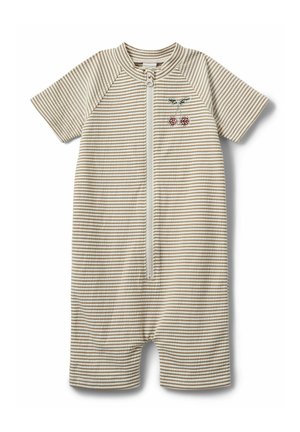 Kortærmet romper med striber i beige og creme med en lynlås foran. Har kirsebærbroderi på venstre bryst. Materiale i bomuld.