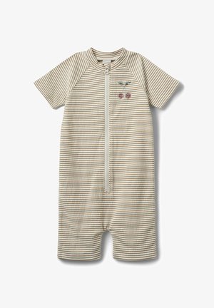 Kombinezon s kratkim rukavima i prugama u bež i krem boji s patentnim zatvaračem sprijeda. Ima vezeni motiv višnje na lijevoj strani prsa. Materijal od pamuka.