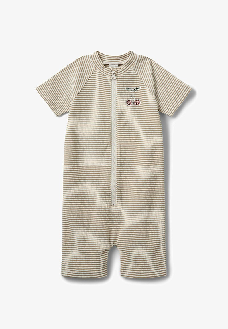 Beige ja kreemika triibulise lühikeste varrukatega kombinesoon esilukuga. Vasakul rinnal kirsikirjutis. Puuvillane materjal.