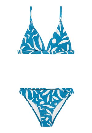 Blauwe bikiniset met een driehoekige top met witte bladerenpatronen en verstelbare banden, gecombineerd met bijpassende lage bikinibroekjes.